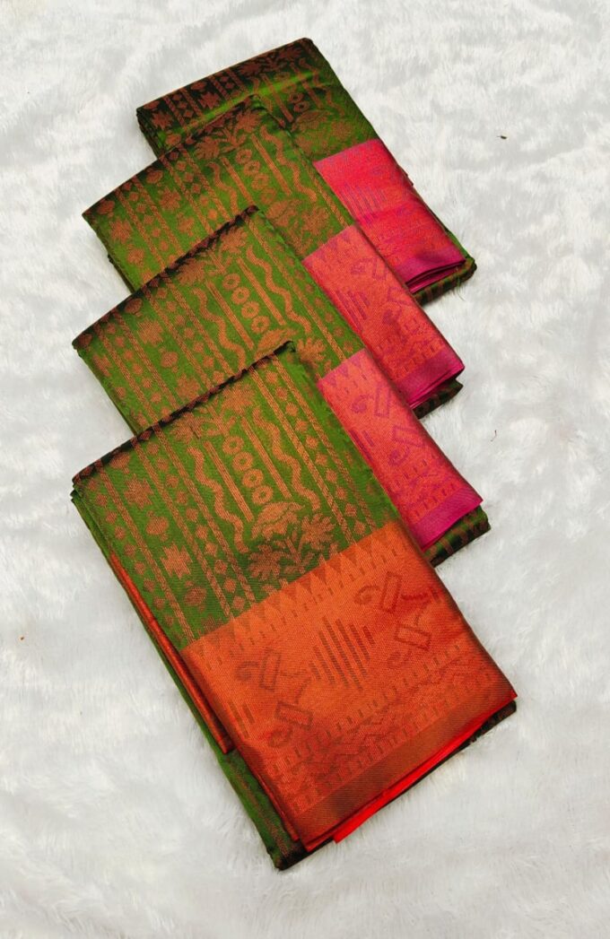 Green and Coral Silk Handloom Saree - Image 5
