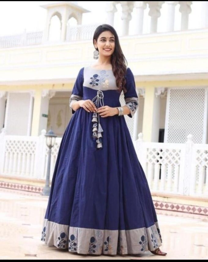 Navy Blue and Silver Floral Embroidered Kurti