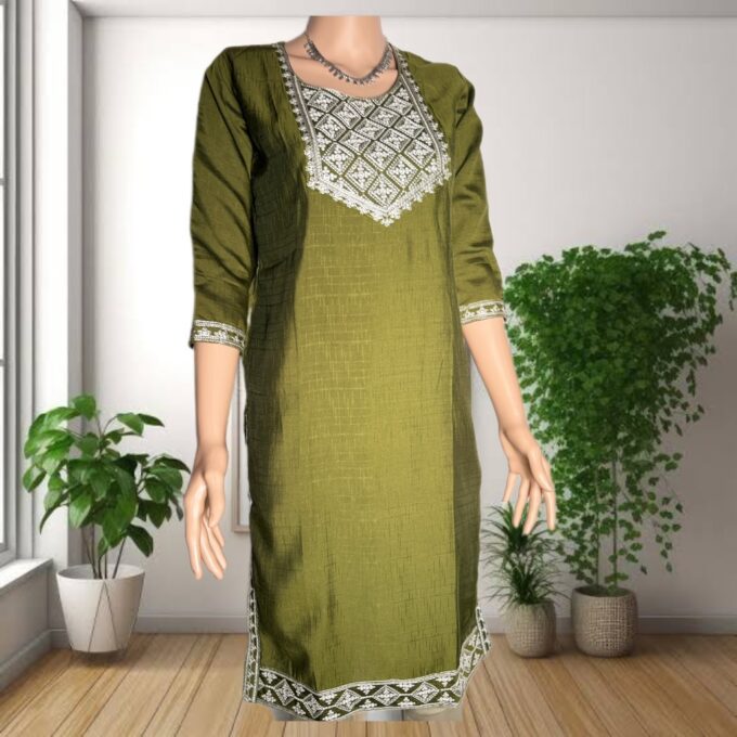 Olive Green Embroidered Silk Kurti