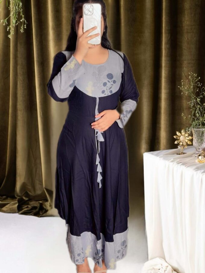 Navy Blue and Silver Floral Embroidered Kurti - Image 5