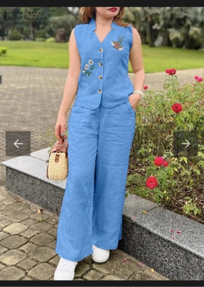 Sky Blue Embroidered Sleeveless Top