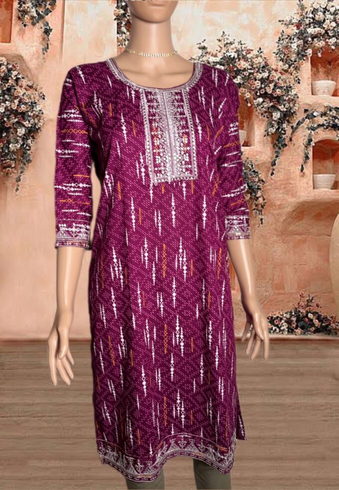 Wine Ikat Embroidered Cotton Kurti