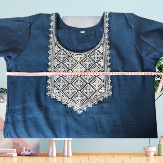 Navy Blue Embroidered Silk Kurti - Image 2