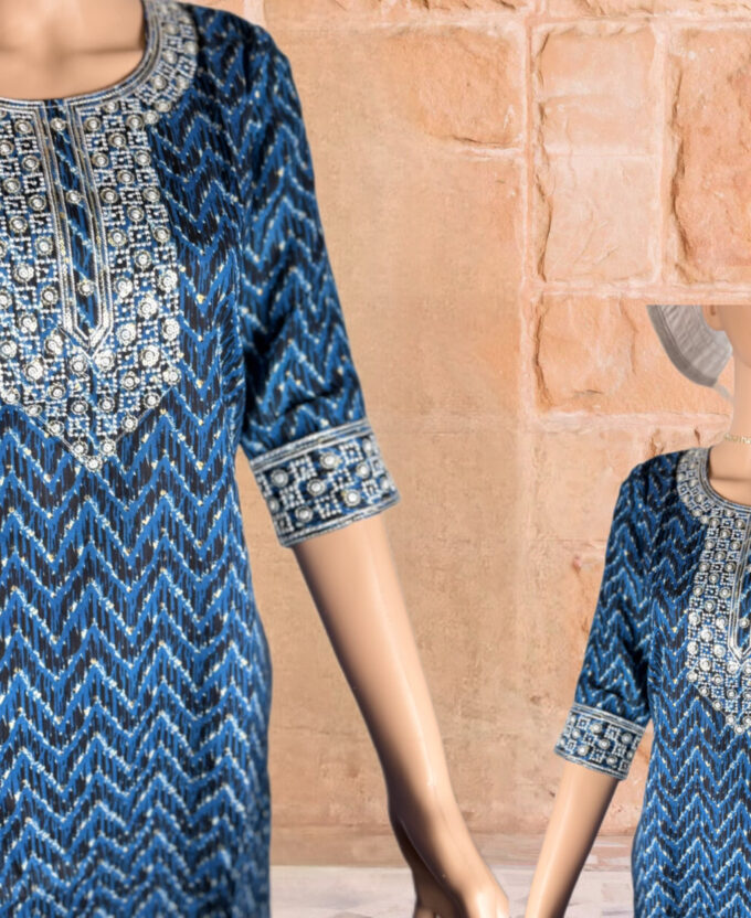 Royal Blue Chevron Embroidered Kurti - Image 2