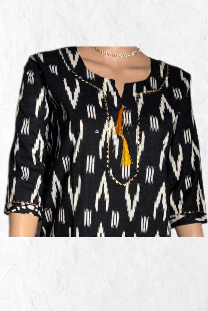 Black Ikat Print Kurta with Gold Accents - Image 4