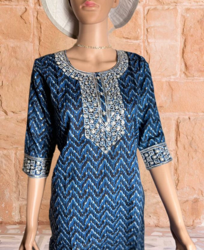 Royal Blue Chevron Embroidered Kurti - Image 3