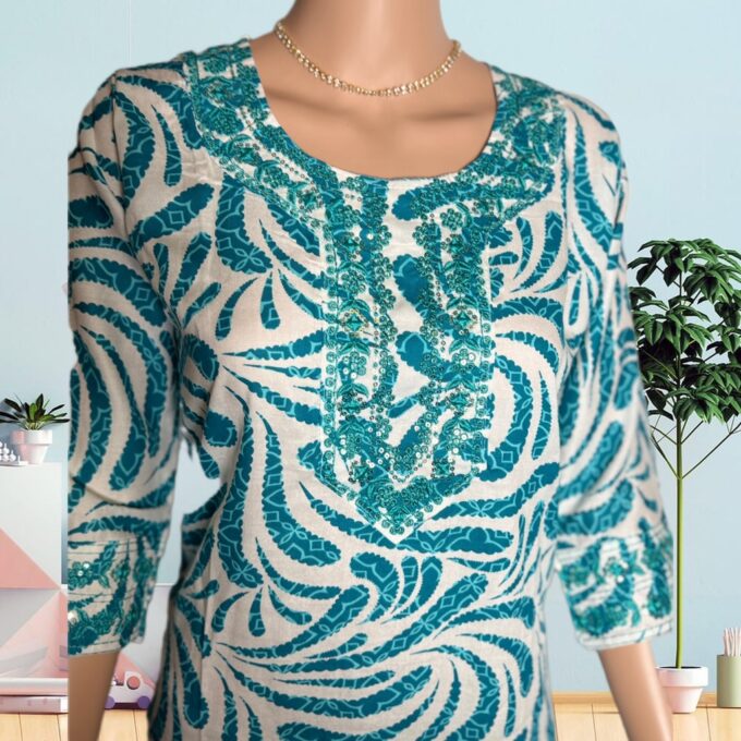 Teal Paisley Embroidered Cotton Kurti - Image 3