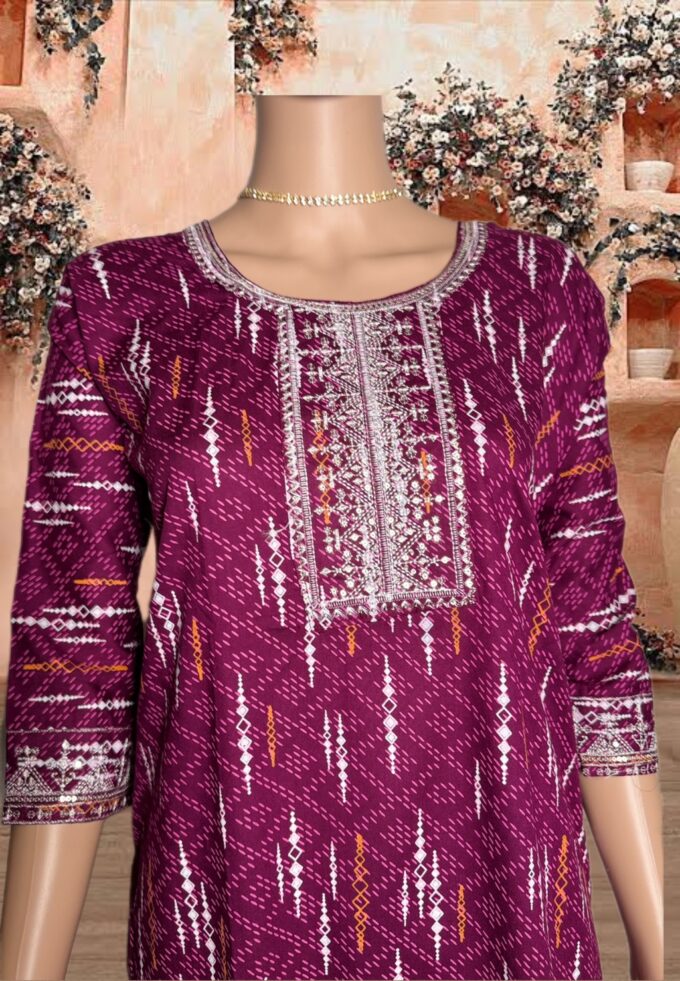 Wine Ikat Embroidered Cotton Kurti - Image 2