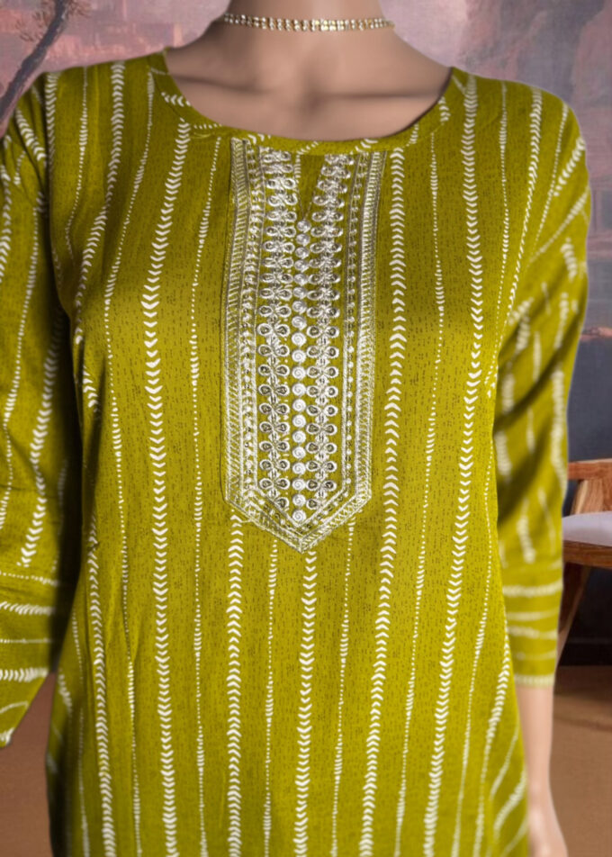 Olive Leheriya Embellished Kurti - Image 2