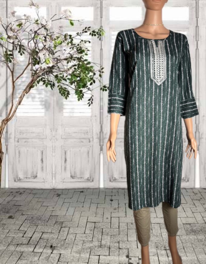 Forest Green Striped Cotton Kurti