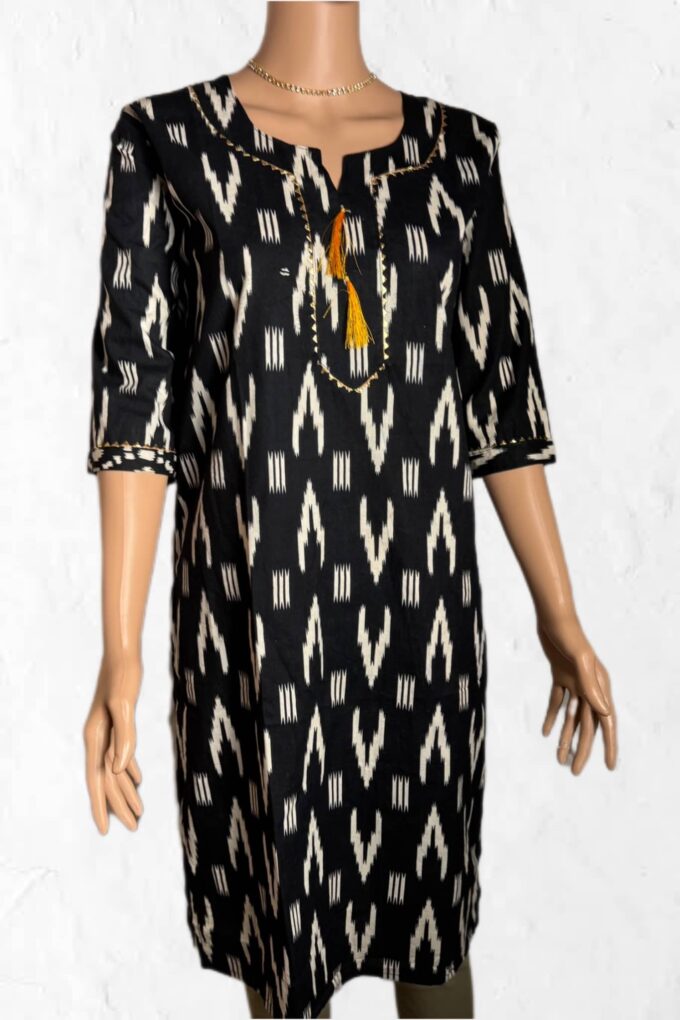 Black Ikat Print Kurta with Gold Accents