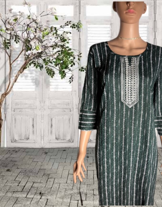 Forest Green Striped Cotton Kurti - Image 2
