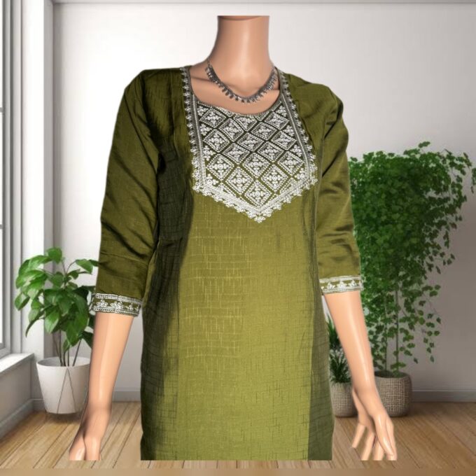 Olive Green Embroidered Silk Kurti - Image 4