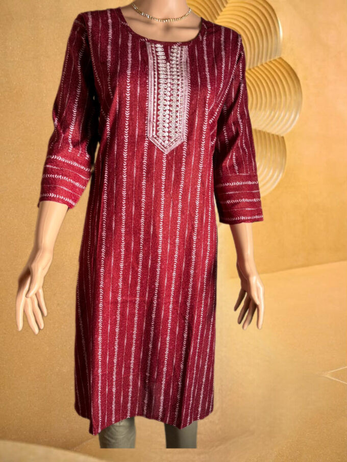 Maroon Leaf Pattern Embellished Kurti