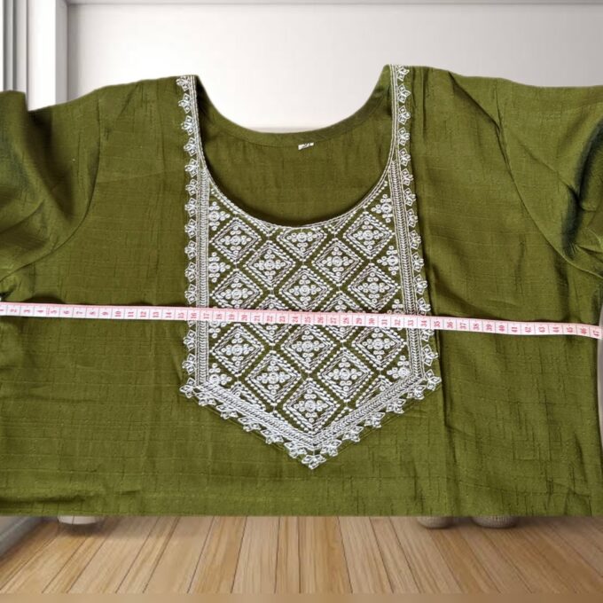 Olive Green Embroidered Silk Kurti - Image 3