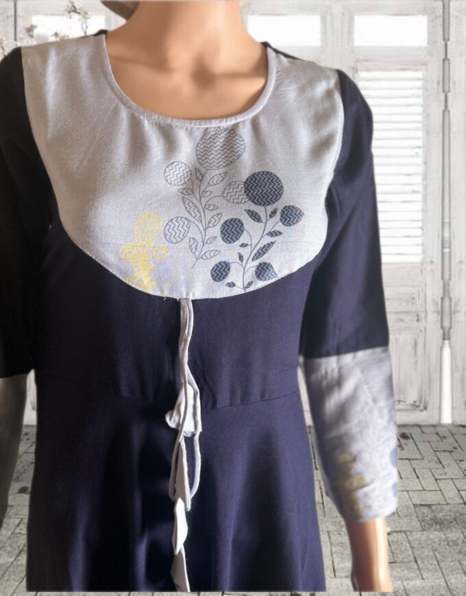 Navy Blue and Silver Floral Embroidered Kurti - Image 2