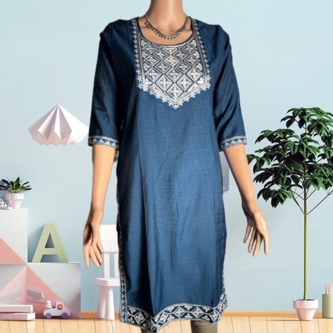 Navy Blue Embroidered Silk Kurti