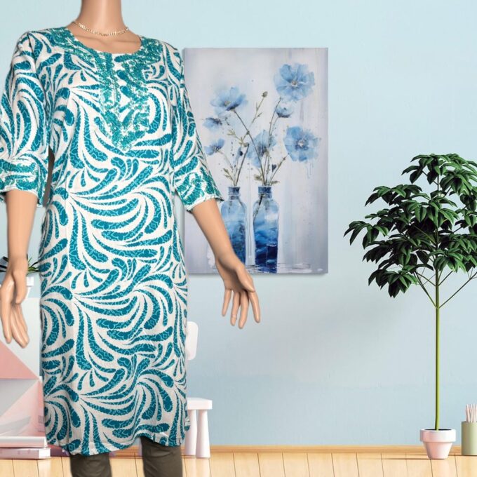 Teal Paisley Embroidered Cotton Kurti - Image 5
