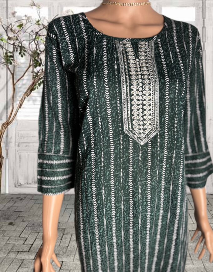 Forest Green Striped Cotton Kurti - Image 4