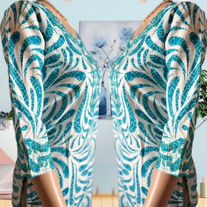 Teal Paisley Embroidered Cotton Kurti - Image 4