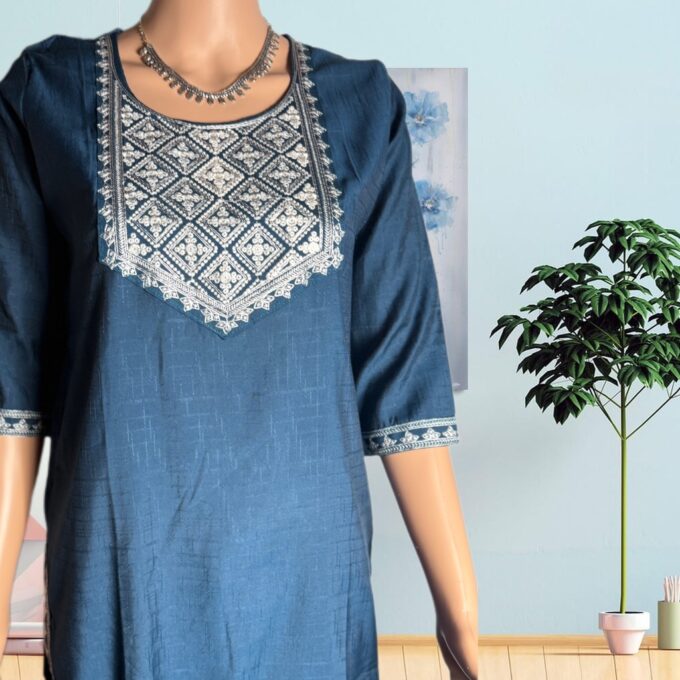 Navy Blue Embroidered Silk Kurti - Image 3