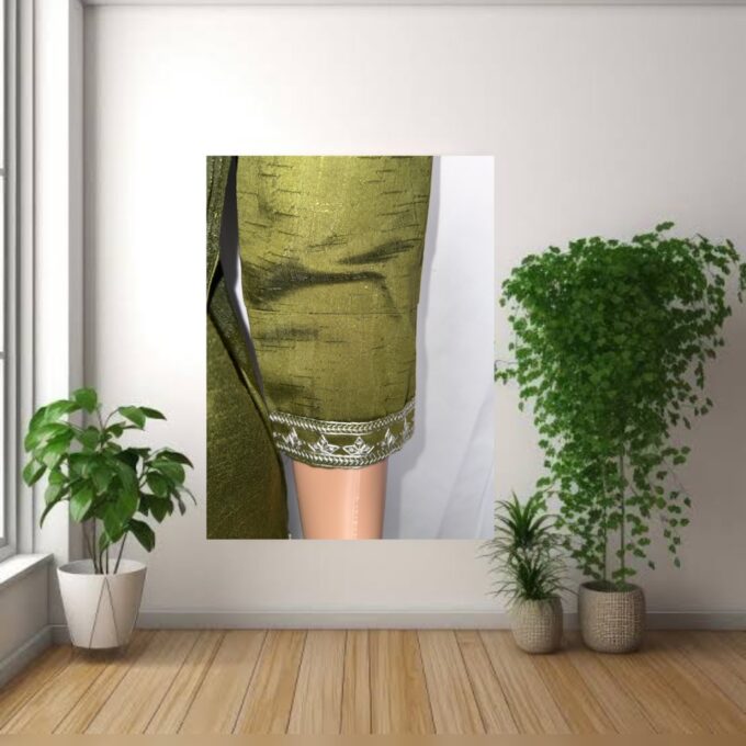 Olive Green Embroidered Silk Kurti - Image 5