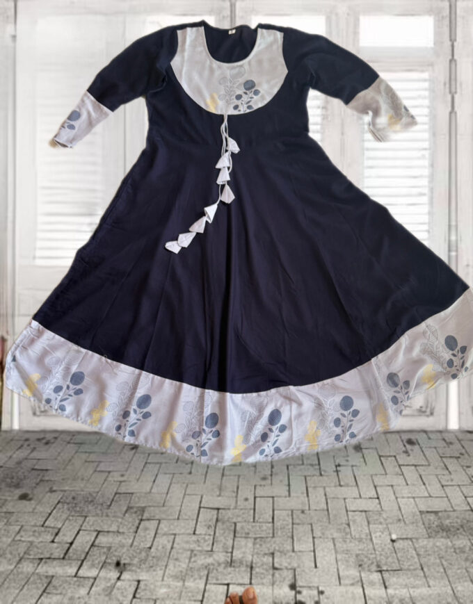 Navy Blue and Silver Floral Embroidered Kurti - Image 3
