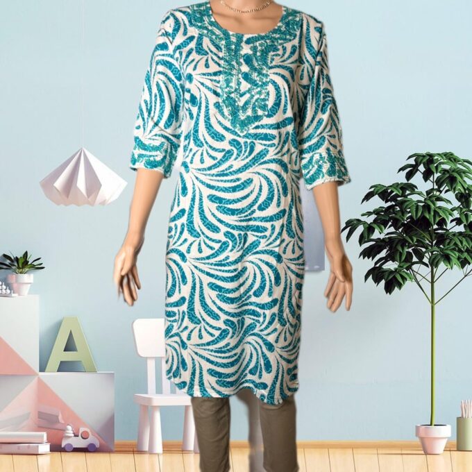 Teal Paisley Embroidered Cotton Kurti