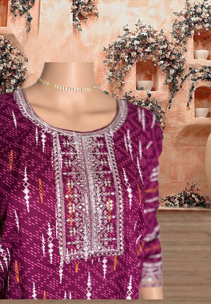 Wine Ikat Embroidered Cotton Kurti - Image 3