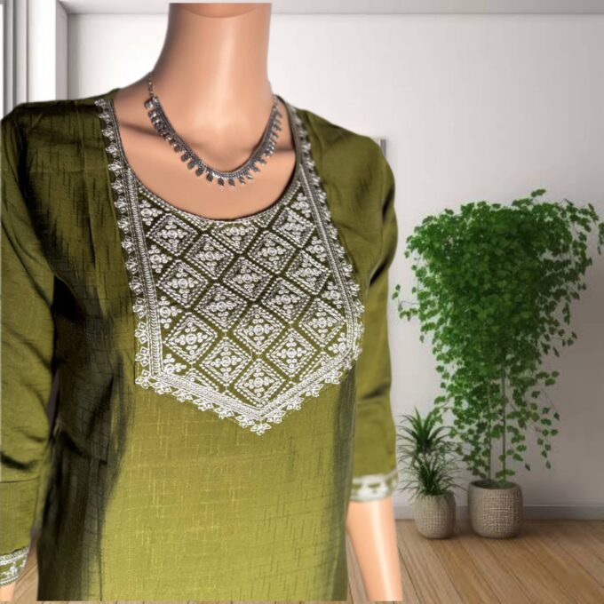Olive Green Embroidered Silk Kurti - Image 2