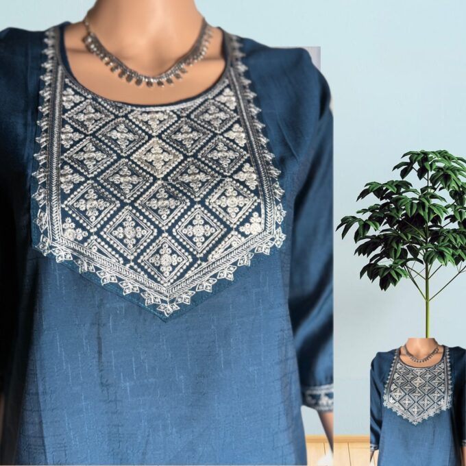 Navy Blue Embroidered Silk Kurti - Image 4