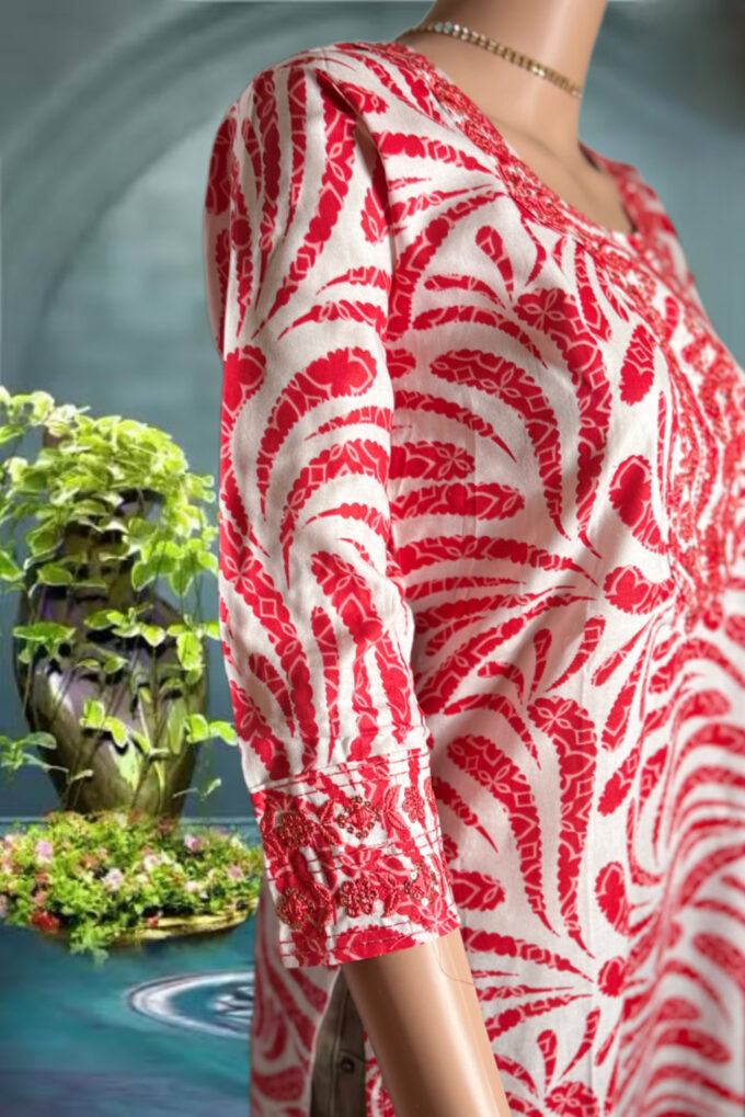 Red Swirl Pattern Cotton Kurti - Image 2