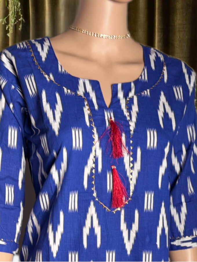 Royal Blue Ikat Tassel Kurti - Image 2