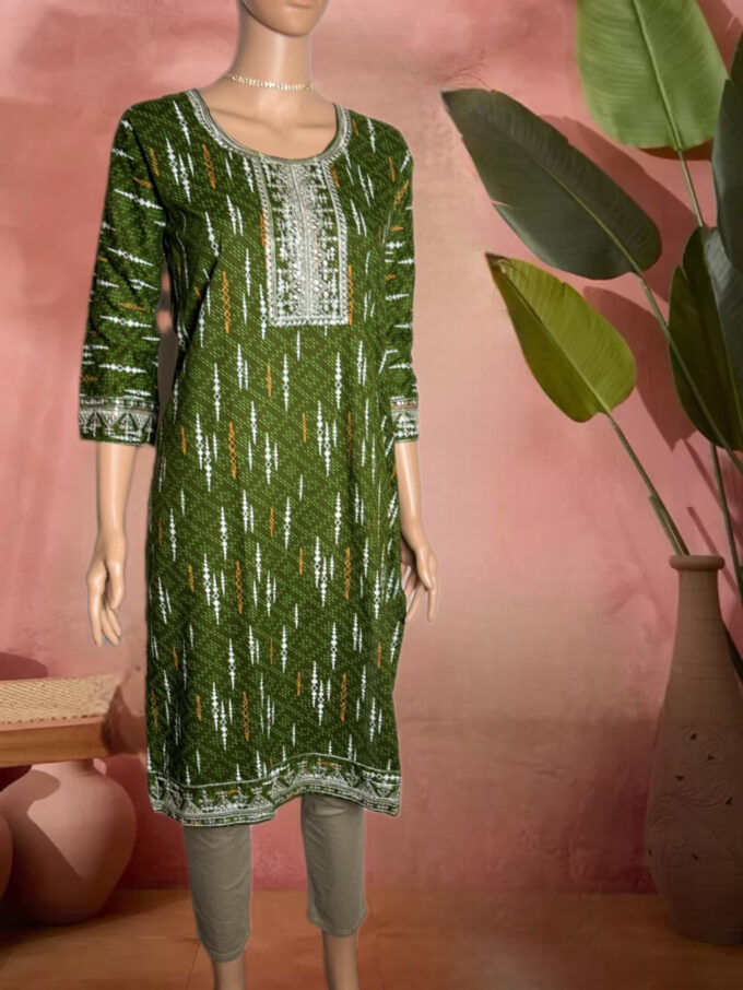 Emerald Ikat Print Embroidered Kurti