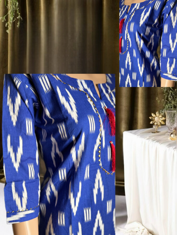 Royal Blue Ikat Tassel Kurti - Image 3