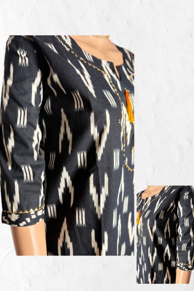 Black Ikat Print Kurta with Gold Accents - Image 2