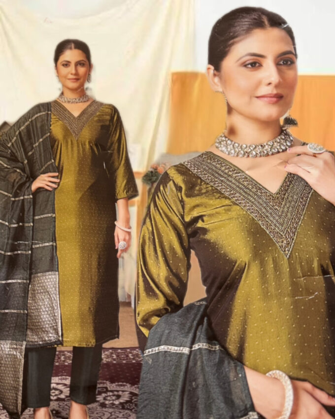 Olive Green Embellished Silk Kurta Set - Image 4