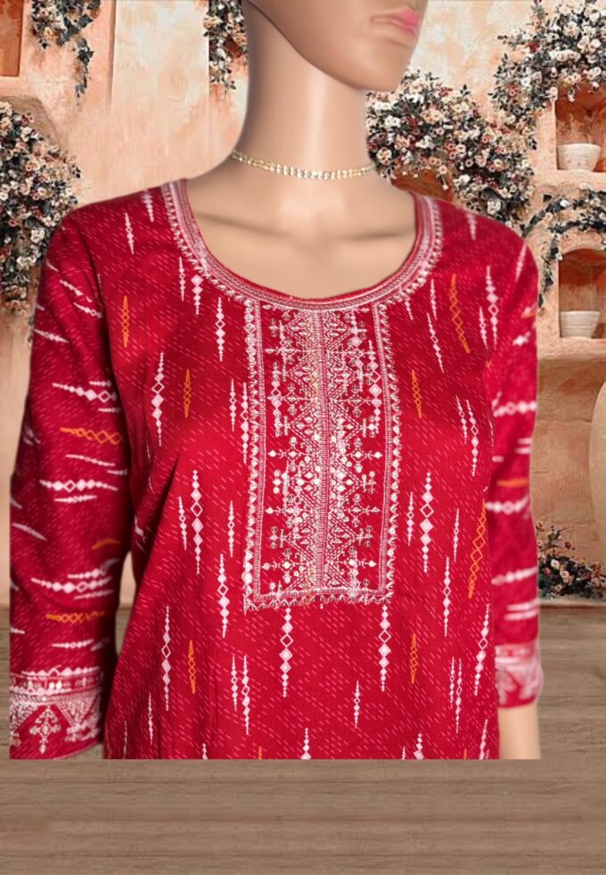 Red Ikat Embroidered Kurti - Image 2
