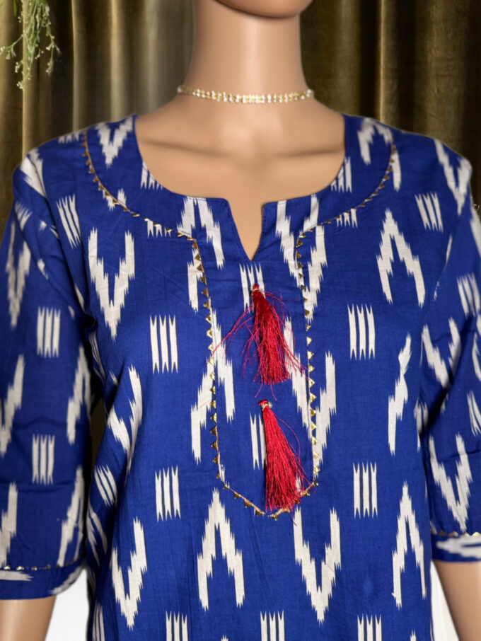 Royal Blue Ikat Tassel Kurti - Image 4
