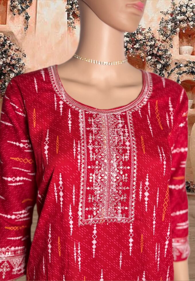 Red Ikat Embroidered Kurti - Image 3