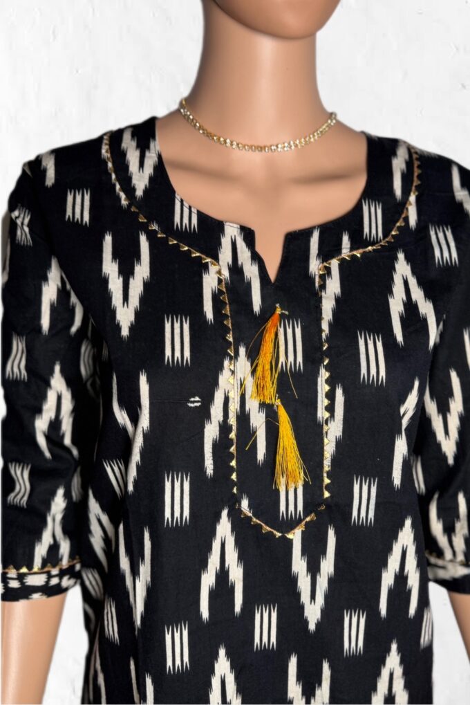 Black Ikat Print Kurta with Gold Accents - Image 3