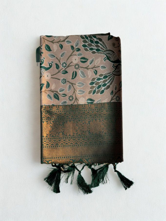 Beige and Green Floral Silk Saree with Tassels