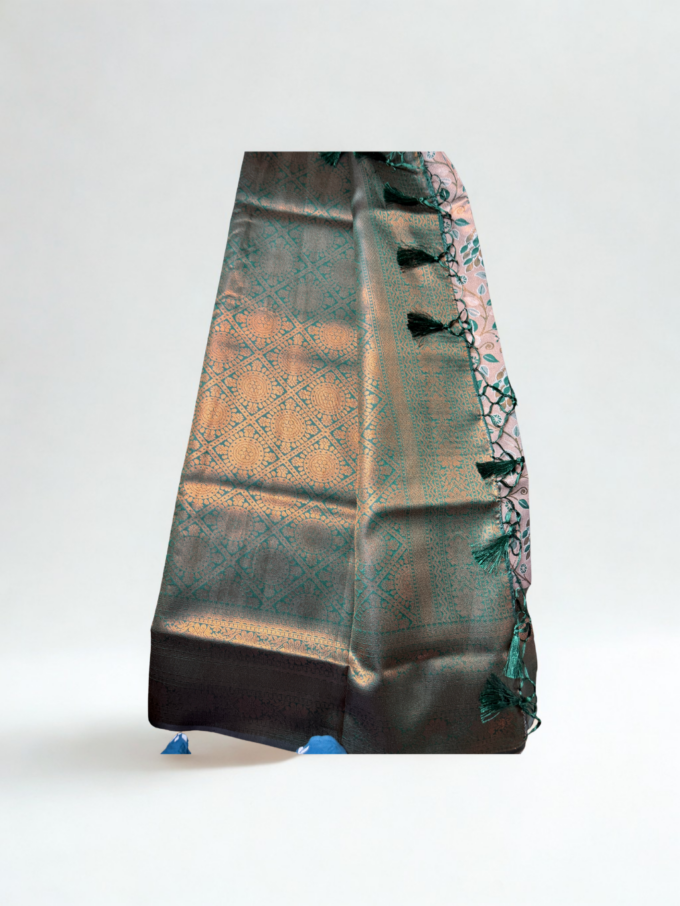 Beige and Green Floral Silk Saree with Tassels - Image 2