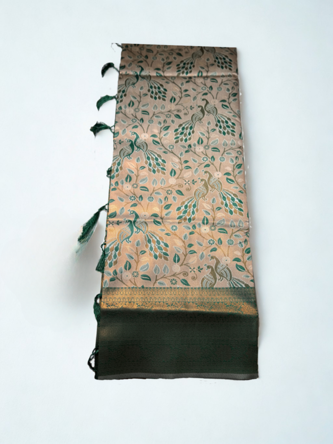 Beige and Green Floral Silk Saree with Tassels - Image 3