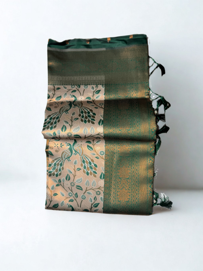 Beige and Green Floral Silk Saree with Tassels - Image 4