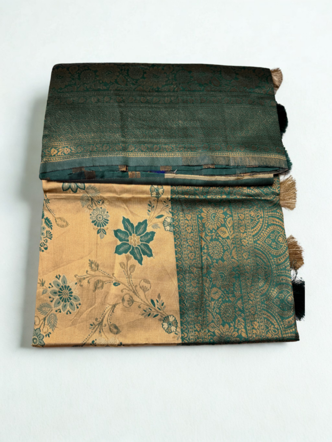 Golden Floral Kanchipuram Silk Saree with Green Border - Image 2