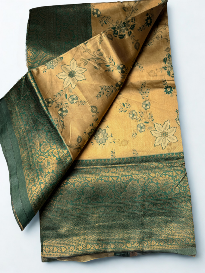 Golden Floral Kanchipuram Silk Saree with Green Border