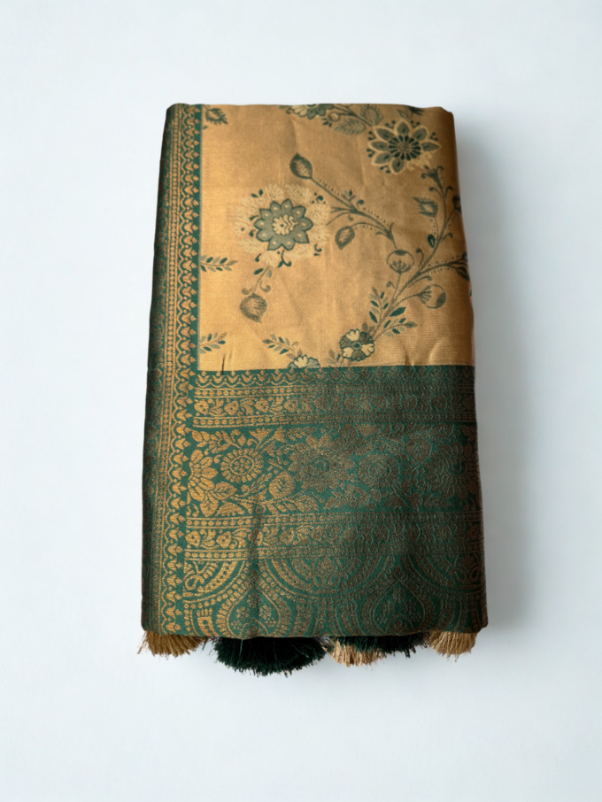 Golden Floral Kanchipuram Silk Saree with Green Border - Image 7