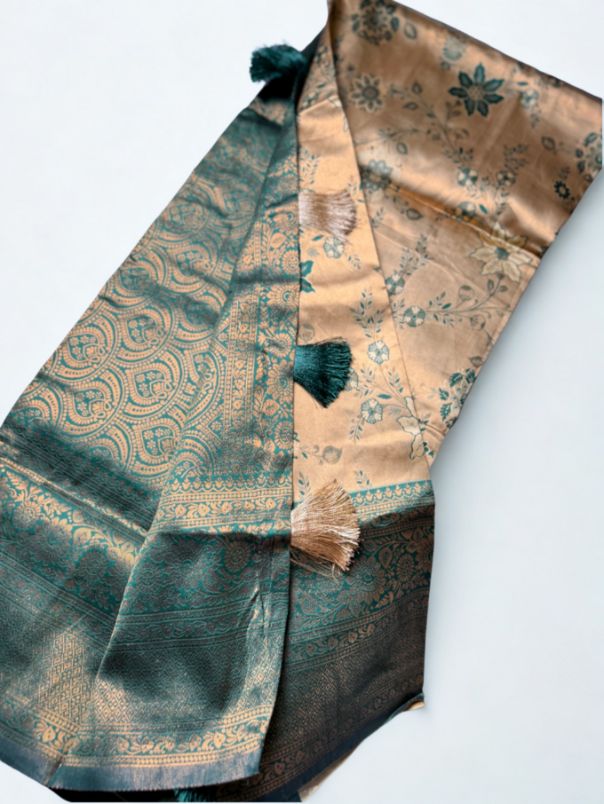 Golden Floral Kanchipuram Silk Saree with Green Border - Image 6