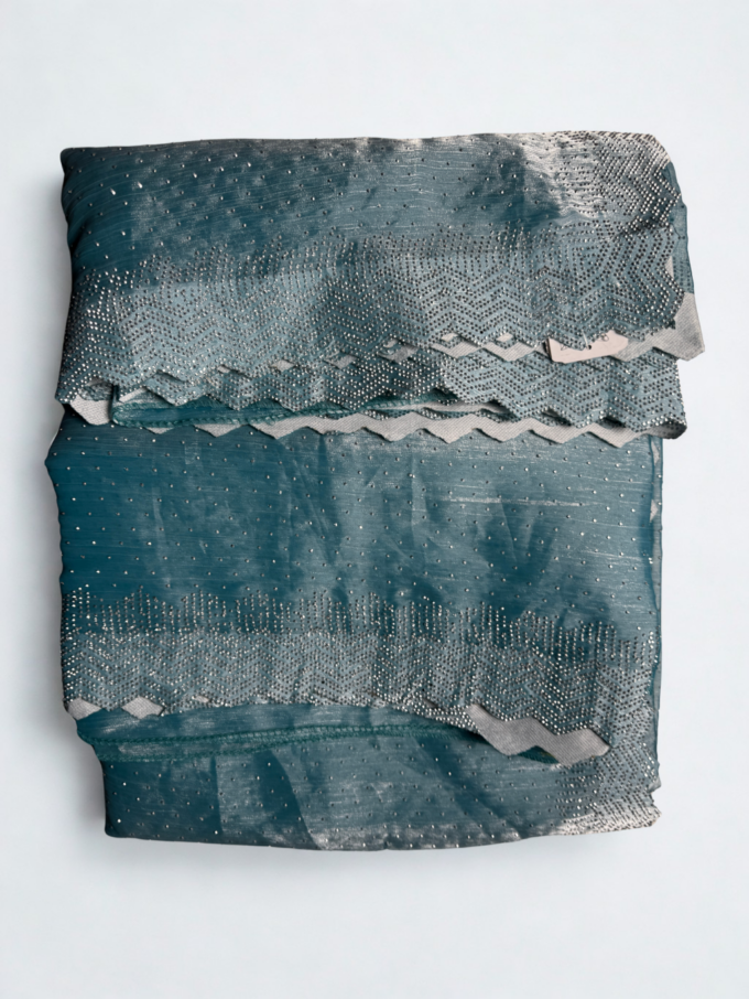 Teal and Silver Sequined Organza Saree - Image 2